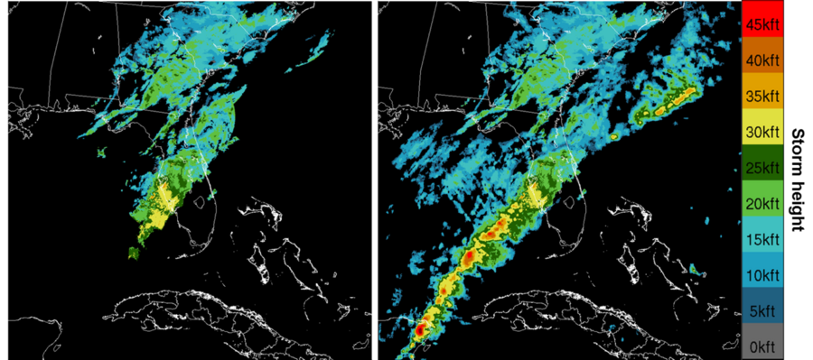 These side-by-side images illustrate the comparison of current land-based weather radar coverage (left) to the improved situational awareness of convective weather (e.g., thunderstorm activity) provided by the Offshore Precipitation Capability (right). Both images depict storm height on March 17, 2014.
