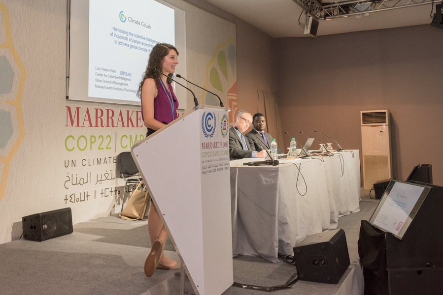 Laur Hesse Fisher, Climate CoLab project manager, spoke at a side event with Andrew Jones MS '97, co-director of Climate Interactive, and Kenneth Amoateng, executive director of the Abibimman Foundation.