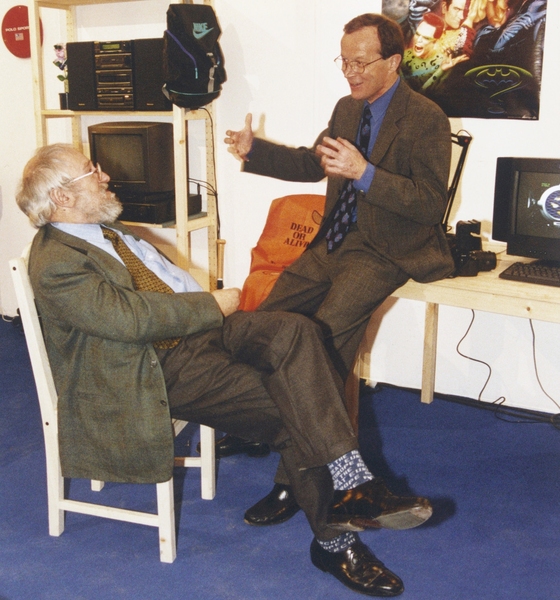Seymour Papert (left) chats with LEGO Group owner Kjeld Kirk Kristiansen in 1998 when the Denmark-based company launched LEGO Mindstorms.