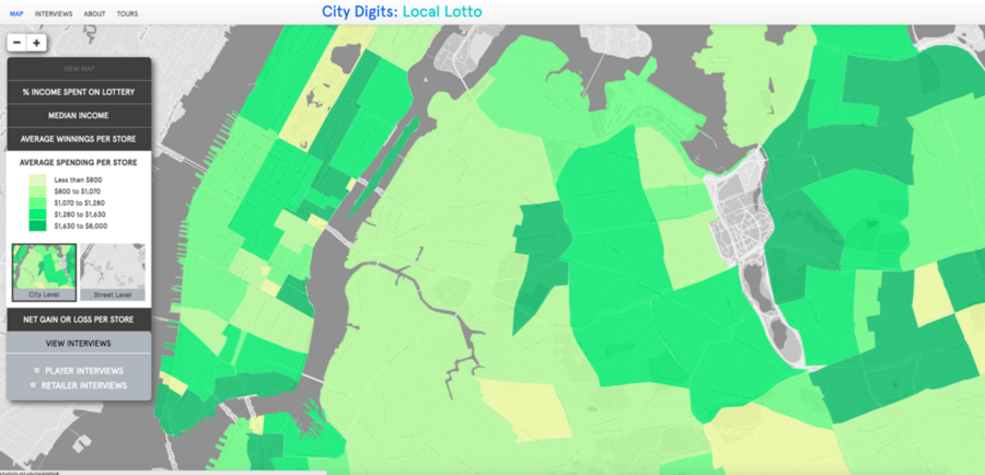 This map provides a city-level view of the average amount of lottery spending per store for different sections of New York City.