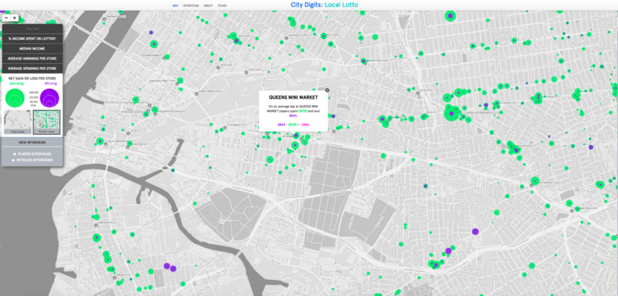 In this street-level view comparing net earnings per store, purple shows the amount participants won on the lottery; green marks the amount spent.