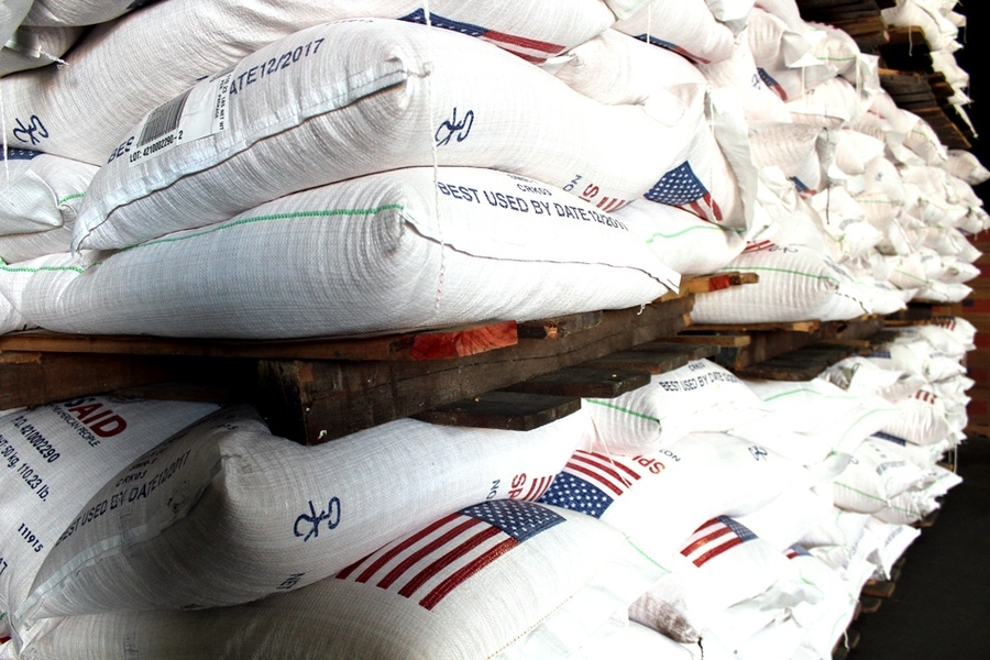 Researchers are systematically exploring a variety of alternative packaging materials and containers to see which work best, and most cost-effectively, at reducing losses in food aid. Pictured are food aid bags in a Texas warehouse.
