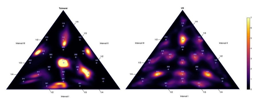 A chart shows the differences in the distribution of responses between the Tsimane and U.S. participants. Researchers found that the Tsimane tended to prefer different ratios than Westerners, and that these ratios corresponded to simple integer ratios found in their music but not in Western music.

