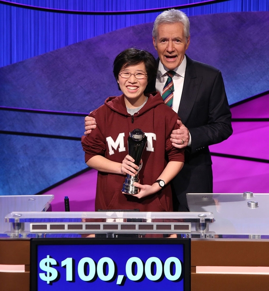 “The best part of being on the show has definitely been the great outpouring of support the MIT community has given me,” says senior Lilly Chin, the newly crowned “Jeopardy!” College Champion, seen here with host Alex Trebek. 
