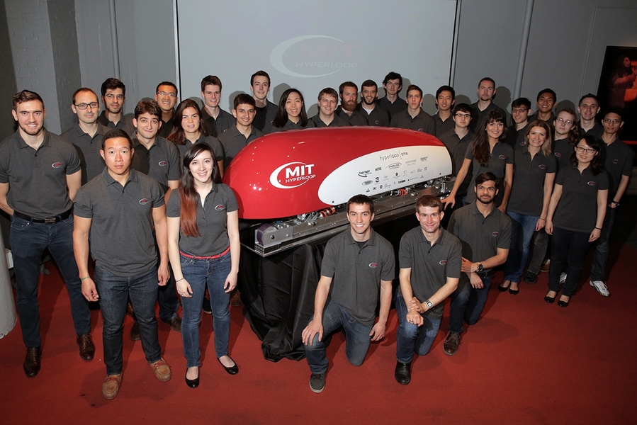 Members of the MIT Hyperloop Team posed with their test pod. 