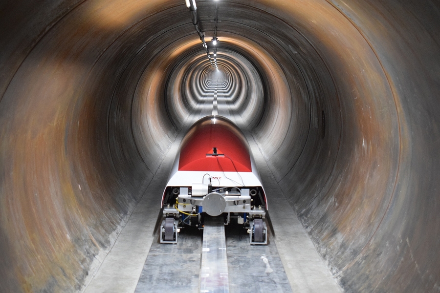 The MIT Hyperloop pod sits quietly before being pushed up to speed during its big test run.