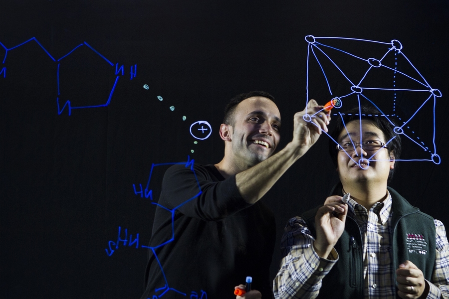 Department of Civil and Environmental Engineering research scientists Francisco Martin-Martinez and Zhao Qin sketch the molecular background of their research on Nereis virens, a marine worm with a remarkably strong and adaptable jaw. 