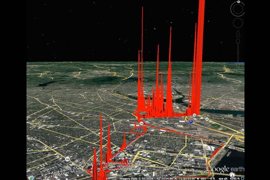 Along a route taken in Cambridge and Somerville, methane readings soar (as indicated by the red peaks).