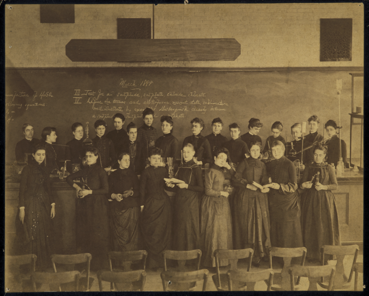 Ellen Swallow Richards (back row, far left) stands in 1888 with students from the MIT Women’s Laboratory, which she founded in the previous year. As MIT's first female instructor, Richards taught chemical analysis, industrial chemistry, mineralogy, and biology. She would later become a co-founder of the American Association of University Women.