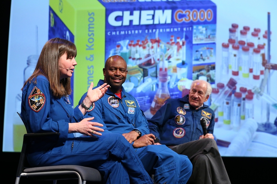 Astronauts Cady Coleman ’83 (left), Leland Melvin (center), and Jeff Hoffman, now a professor at MIT, told a group of grade school students that space exploration is for them and future generations. 