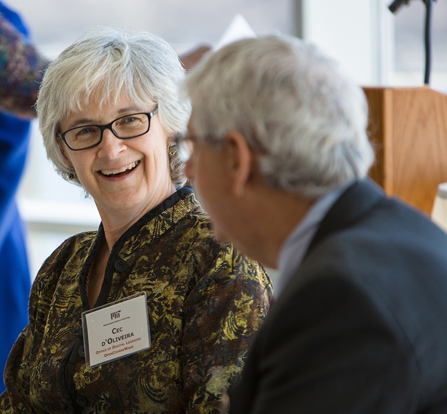 New member Cecilia d’Oliveira (Office of Digital Learning, OpenCourseWare) shares MIT reminiscences with Associate Provost Philip Khoury, the luncheon’s keynote speaker. 