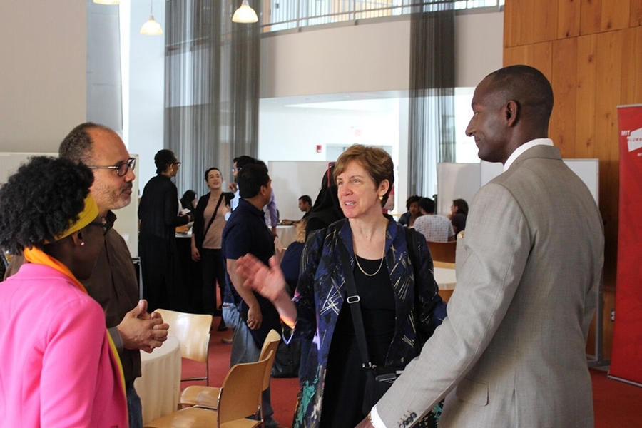 Left to right: Graduate student Joy Buolamwini; Wisdom Coleman ’91; MIT Vice President and Dean for Student Life Suzy Nelson; and Randal Pinkett SM ’98, MBA ’98, PhD ’02. 
