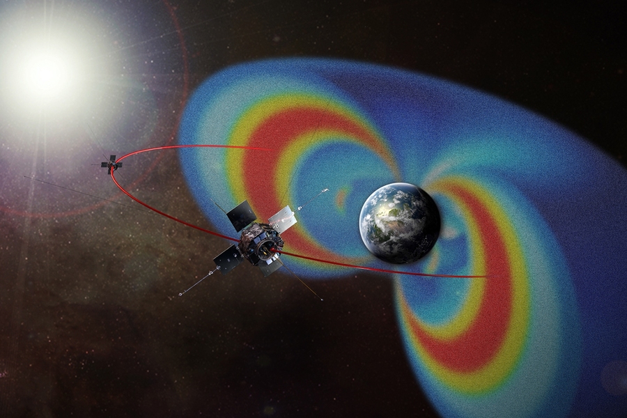 Artist's depiction of NASA's Van Allen Probes, with the Van Allen radiation belts rendered in false color for visibility