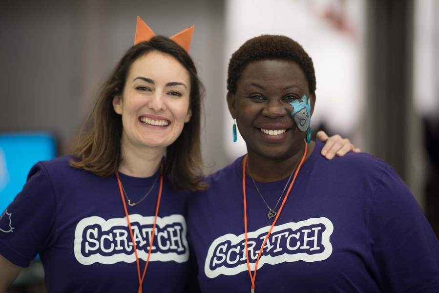 The Scratch team includes outreach manager Saskia Leggett (left) of the Scratch Foundation and Abisola Okuk, administrative assistant in the Media Lab’s Lifelong Kindergarten group.