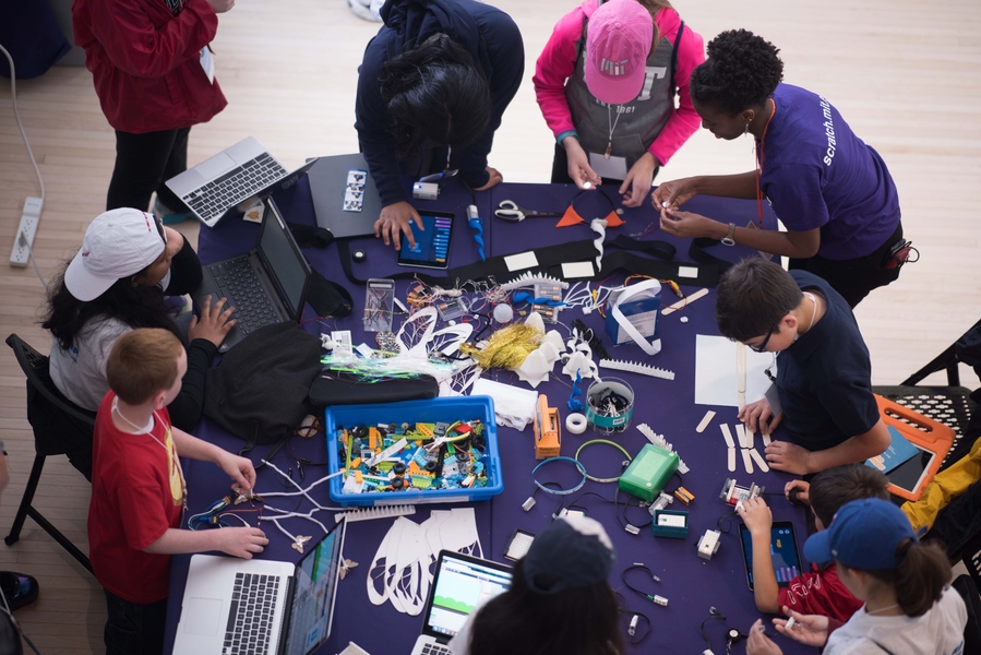 The arts and crafts table was among 15 hands-on activities at Scratch Day @ MIT.