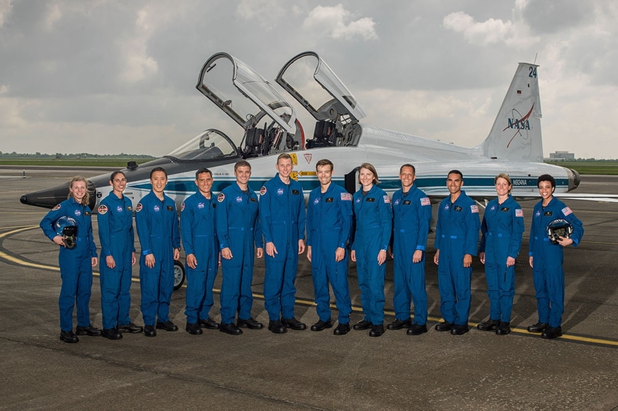 MIT alumni represent a quarter of the 12-member NASA astronaut candidate Class of 2017. Left to right: Zena Cardman, Jasmin Moghbeli, Jonny Kim, Francisco “Frank” Rubio, Matthew Dominick, Warren “Woody” Hoburg, Robb Kulin, Kayla Barron, Bob Hines, Raja Chari, Loral O’Hara, and Jessica Watkins.