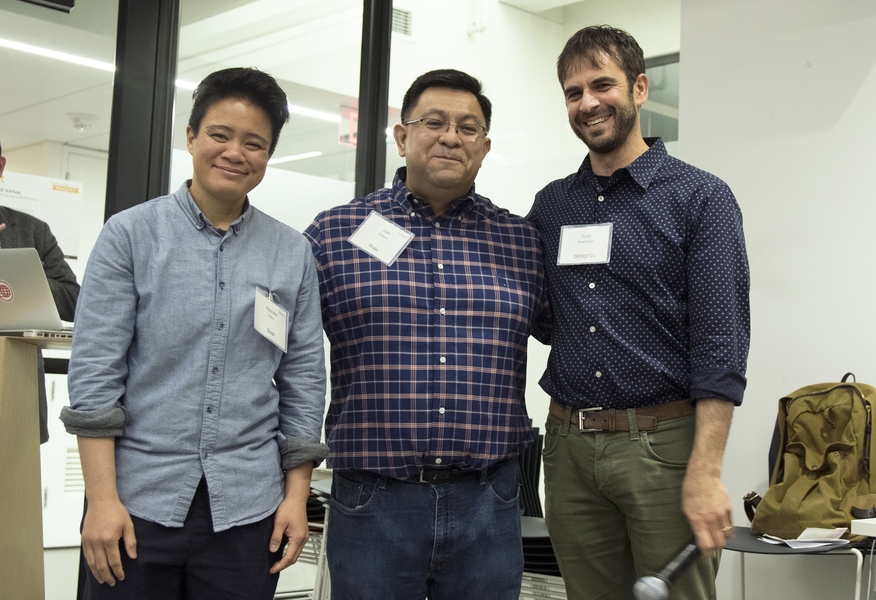 Rachelle Villalon (left) and Jose Pacheco (center) of Hosta, an award-winning team at a recent DesignX pitch night, pose with MIT DesignX Director Gilad Rosenzweig. Hosta is an application that turns pictures and videos of living spaces into a 3-D space management platform that simplifies the home renovation process. 