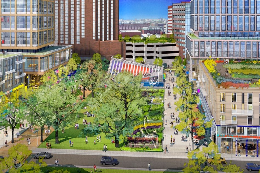 The central open space connects 5th Street to Kendall Square and provides opportunities for recreation, outdoor dining, gardens, and a pavilion for innovation and entertainment.
