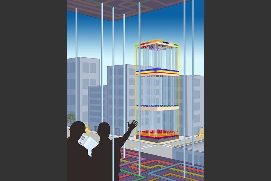 This 3-D rendered image represent a large-scale and complex nanosystem integrating multiple emerging nanotechnologies for logic, memory, and sensing. It realizes a new 3-D computing architecture for high-performance and energy-efficient electronic systems that can capture and process massive amounts of data.