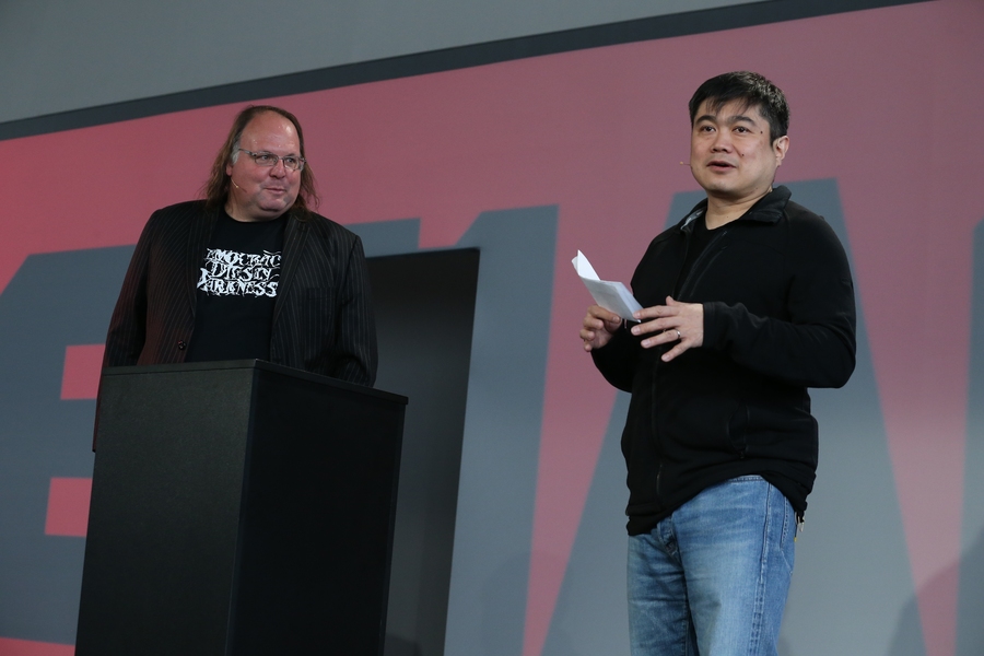 Ethan Zuckerman (left), director of the MIT Center for Civic Media, and Media Lab Director Joi Ito welcomed the crowd of some 500 people to Defiance on July 21.