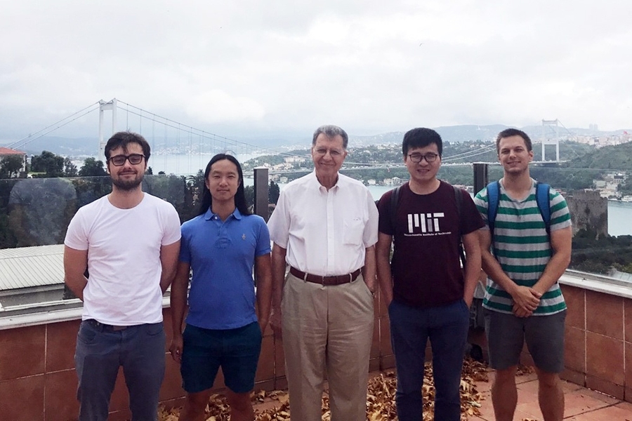Members of the Buyukozturk group pose on the skydeck of the Engineering Building of Bogazici University, in Istanbul. Left to right: Murat Uzun, Justin Chen, Professor Oral Buyukozturk, Hao Sun, and Steven Palkovic. The group traveled to Turkey to present their research as part of a collaborative workshop. 