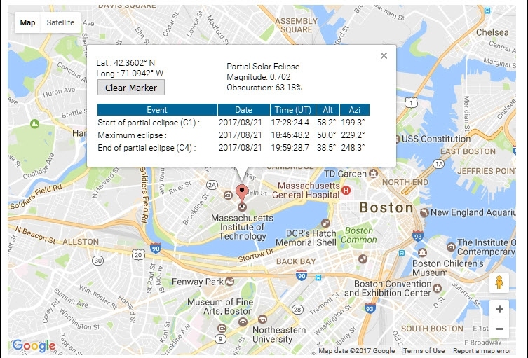 In the Boston area on Aug. 21, the moon takes its first bite out of the sun at 1:28 p.m. Eastern Daylight Time. The maximum eclipse is at 2:46 p.m. EDT. Sixty-three percent of the sun will be covered at maximum. Because this is less than 100 percent, the MIT campus will see only a partial eclipse. The partial eclipse ends with the moon’s last bite at 3:59 p.m. EDT.