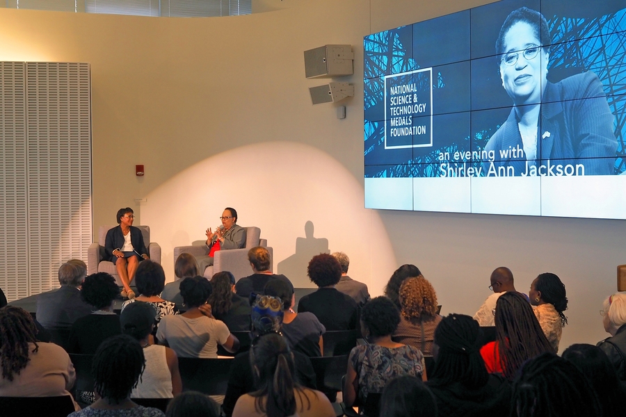 “What I do today is less about my doing research directly, which is what I did early in my career, but enabling others and bringing along the next generation of scientists and engineers,” said Shirley Jackson (on stage, right).  