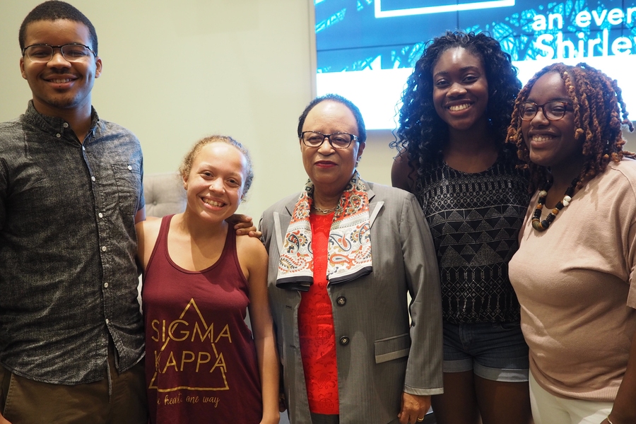 Members of the MIT Black Student Union (BSU) pose with Shirley Ann Jackson ’68 PhD ’73. Left to right: Anthony Rolland, BSU current events co-chair; Saffron Deasy, BSU attorney general; Jackson; Adedoyin Olateru-Olagbegi, BSU secretary; and Gabby Ballard, BSU political action committee co-chair.