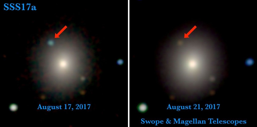 Swope and Magellan telescope optical and near-infrared images of the first optical counterpart to a gravitational-wave source, SSS17a, in its galaxy, NGC 4993. The left image is from August 17, 2017, 11 hours after the LIGO-Virgo detection of the gravitational-wave source, and contains the first optical photons from the source. The right image is from four days later, when SSS17a—the aftermath o...