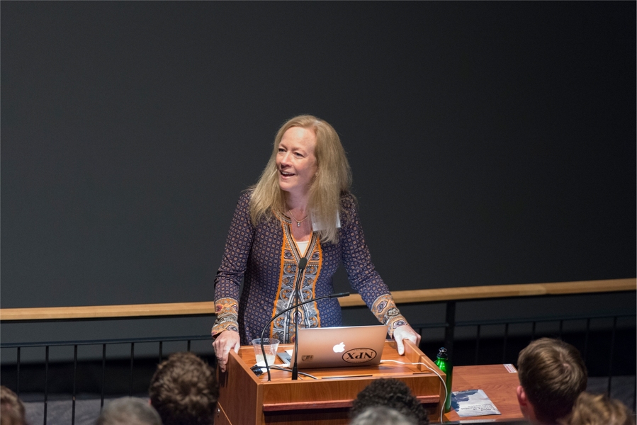 Donna Hazard, interim president of the New England Aquarium, welcomes the audience. 