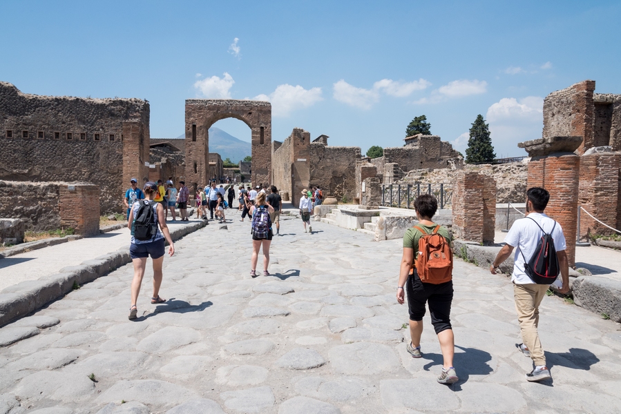 MIT students Clio Macrakis, Sierra Rosenzweig, Zoe Lallas, and Ahmad Mujtaba Jebran explore Pompeii as part of the program in Materials in Art, Archaeology and Architecture, a program Masic began to inspire and teach current students about the potential of ancient materials to inform the future. 