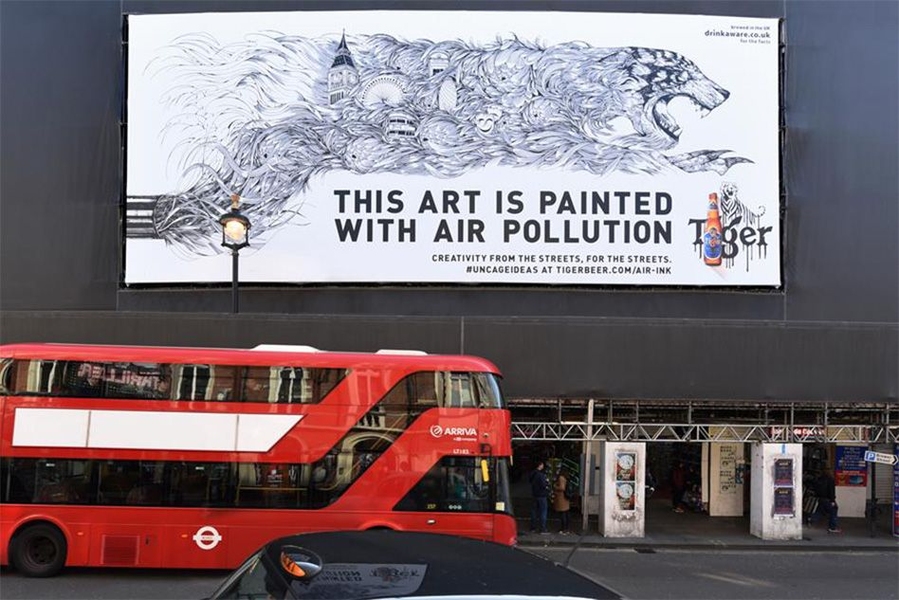 Tiger Beer and Graviky Labs teamed up to provide a group of artists with Air-Ink to create murals. One result was this billboard erected on Shaftesbury Avenue in London.
