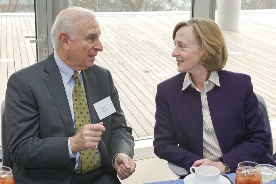 Bridge Project founding donor Arthur Gelb ScD ’61 (left) and MIT President Emerita Susan Hockfield attend one of the first Bridge Project pre-launch events in November 2010. 