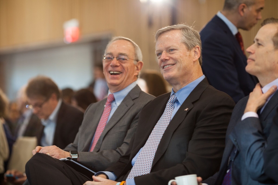 Governor Charlie Baker (center) and MIT President L. Rafael Reif (left) enjoy a moment at the recent “Convening for Digital Innovation and Lifelong Learning” on the MIT campus.