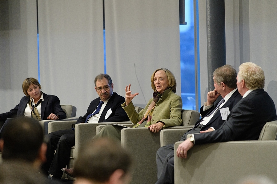 This year’s Bose Grants reception included a colloquium on the importance of philanthropic support for basic science research, with (left to right) Maria Zuber, MIT vice president for research; Marc Kastner, president of the Science Philanthropy Alliance and former dean of MIT’s School of Science; Susan Hockfield, MIT president emerita and professor of neuroscience; Stuart Feldman PhD ’73, h...