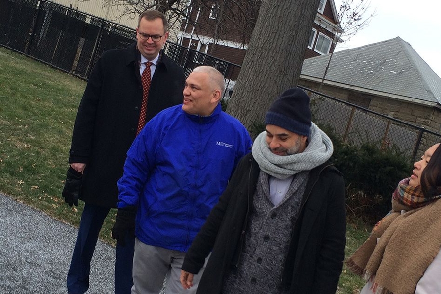 After being held in detention for more than five months by U.S. Immigration and Customs Enforcement (ICE), MIT custodian and father of four Francisco Rodriguez (center) will be spending Christmas at home with his family.