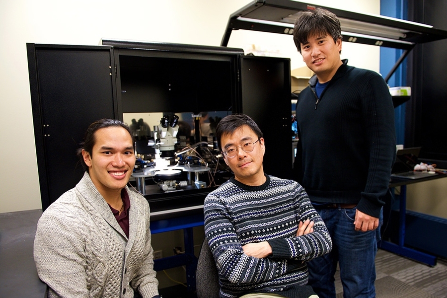 From left: MIT researchers Scott H. Tan, Jeehwan Kim, and Shinhyun Choi
