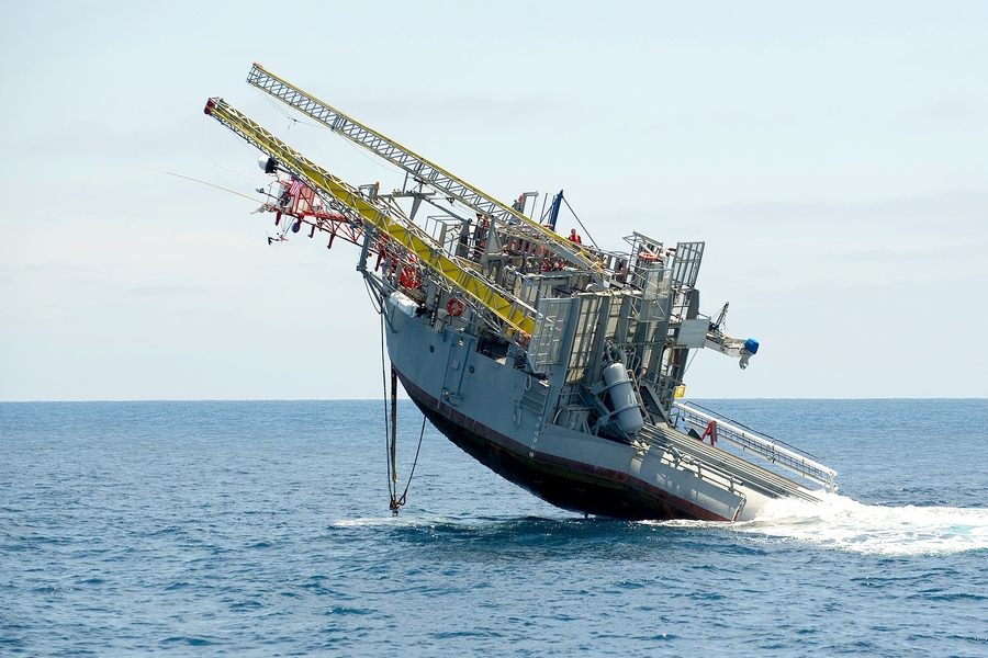 The FLIP ship being shifted into its vertical position, a 20 minute process.

