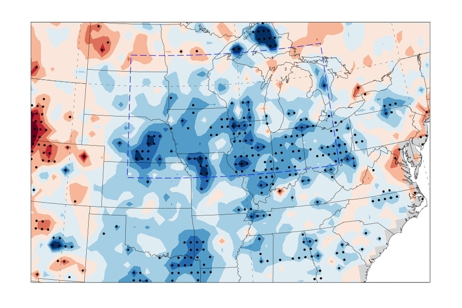 Changes in average summertime temperatures are shown on this map, with higher than average temperatures in red, lower than average in blue. The analysis shows a very strong correlation between the areas with increased crop production, higher rainfall, and lower temperatures.
