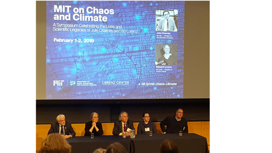 Robert van der Hilst moderates the symposium's day-two panel consisting of Sir Brian Hoskins, Inez Fung, Kerry Emanuel, Allison Wing and John Bush.