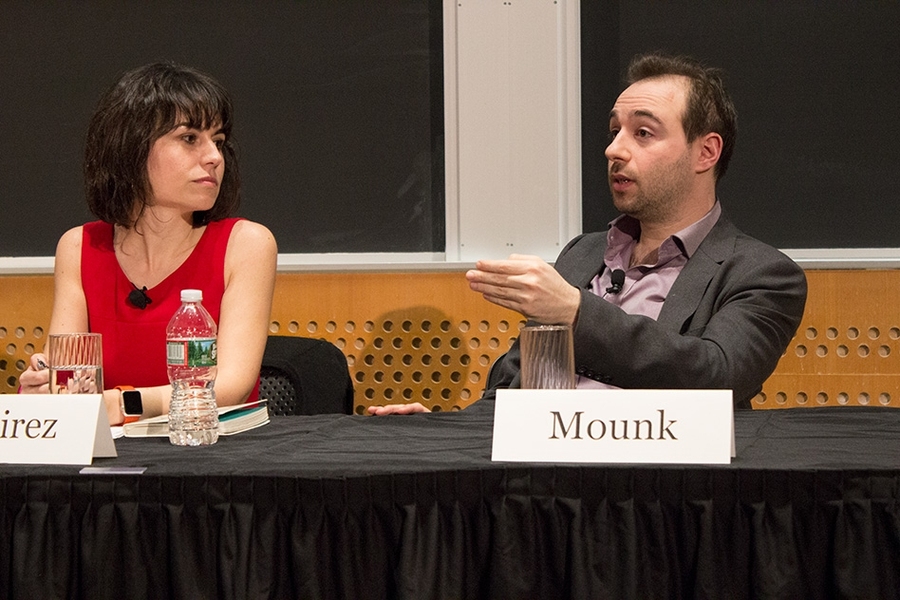 Journalist Maria Ramirez of Univision (left), and Harvard University lecturer Yascha Mounk, author of "The People Versus Democracy," at the Feb. 26 Starr Forum. 