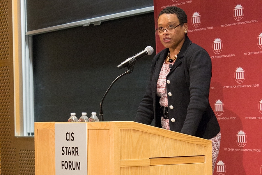 Melissa Nobles, the Kenan Sahin Dean of MIT's School of Humanities, Arts, and Social Sciences, and a professor of political science, at the Starr Forum.