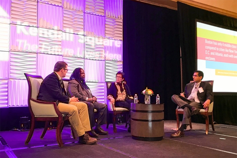 The keynote panel at the 10th annual meeting of the Kendall Square Association (KSA) comprised three members of The Boston Globe’s current Spotlight team (from left): reporter Andrew Ryan, columnist Adrian Walker, and editor Patricia Wen. Panel moderator was Malick W. Ghachem (far right), a professor of history at MIT. The team’s latest seven-part project — titled, “Boston. Racism. Image. ...