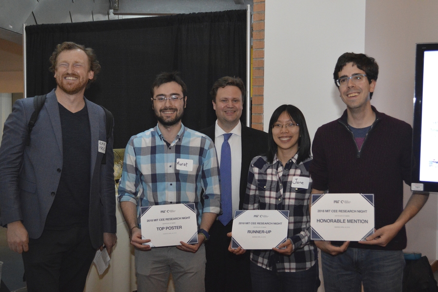 Joined by Professor Admir Masic (far left) and CEE department head Markus Buehler (center) the winners of CEE Research Night stand with their awards. Left to right: Murat Uzun, Jane Chui, and Diego Lopez Barreiro.