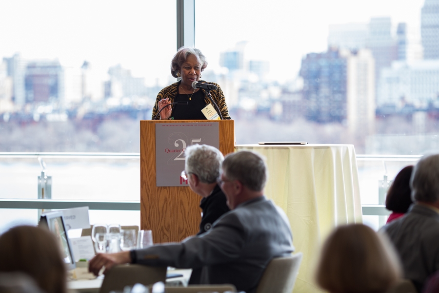 QCC President Yvonne Gittens (retired, formerly of Student Financial Services) welcomes new inductees to the Quarter Century Club and salutes MIT's 50-year achievers.