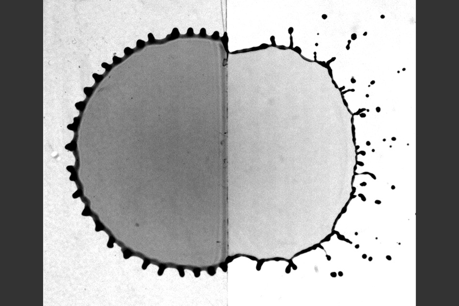 Researchers find they can predict a droplet’s rim thickness as it splashes onto a variety of surfaces, including (pictured) the edge of a table.