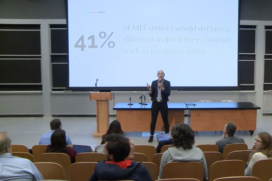 Senior Andrea Meister's presents her team's findings at the final presentations of the Desiging the First Year at MIT class.