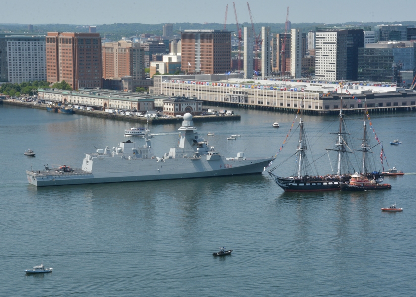 On June 8, 2018 the FREMM-class multi-purpose frigate Italian Ship (ITS) Alpino (F 594) renders honors to USS Constitution during an underway demonstration. The crew of USS Constitution hosted the U.S. Secretary of the Navy, Secretary of the Interior, and members of the public onboard in commemoration of the 76th Anniversary of the Battle of Midway. 