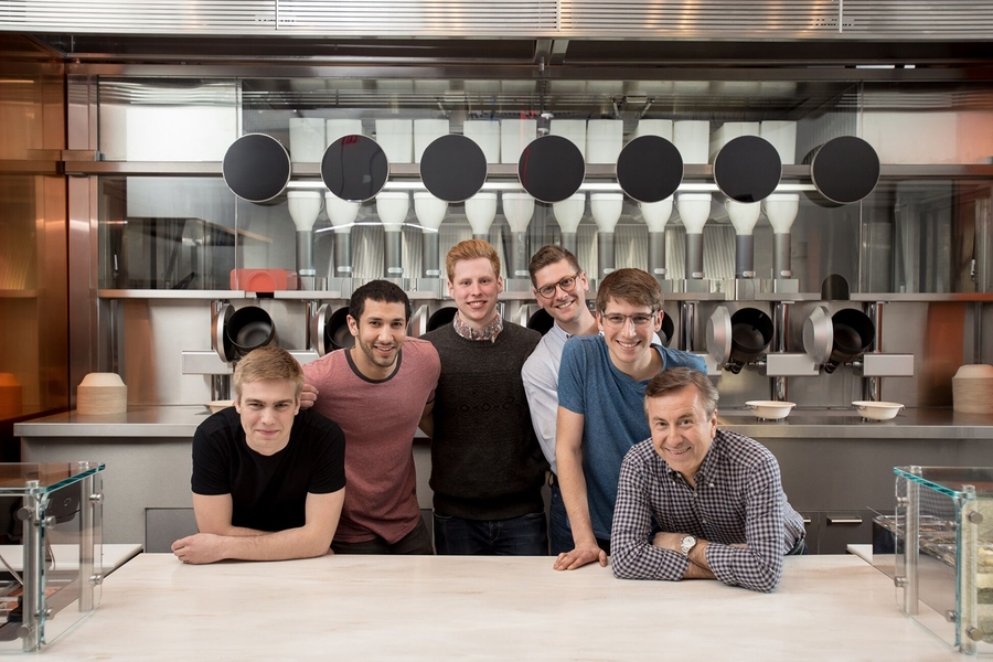 The Spyce team (left to right) includes Luke Schlueter ’16; Michael Farid ’14, SM ’16; Kale Rogers ’16; executive chef Sam Benson; Brady Knight ’16; and culinary director Daniel Boulud. 