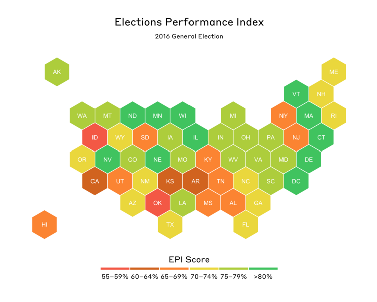 This MEDSL map shows where each state’s overall score on the Elections Performance Index falls for the 2016 election.